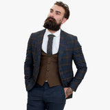 Traje de tres piezas de lana azul marino Happy Gentleman GRAZIE con chaleco marrón en contraste.