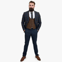Traje de tres piezas de lana azul marino Happy Gentleman GRAZIE con chaleco marrón en contraste.