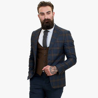 Traje de tres piezas de lana azul marino Happy Gentleman GRAZIE con chaleco marrón en contraste.