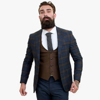 Traje de tres piezas de lana azul marino Happy Gentleman GRAZIE con chaleco marrón en contraste.