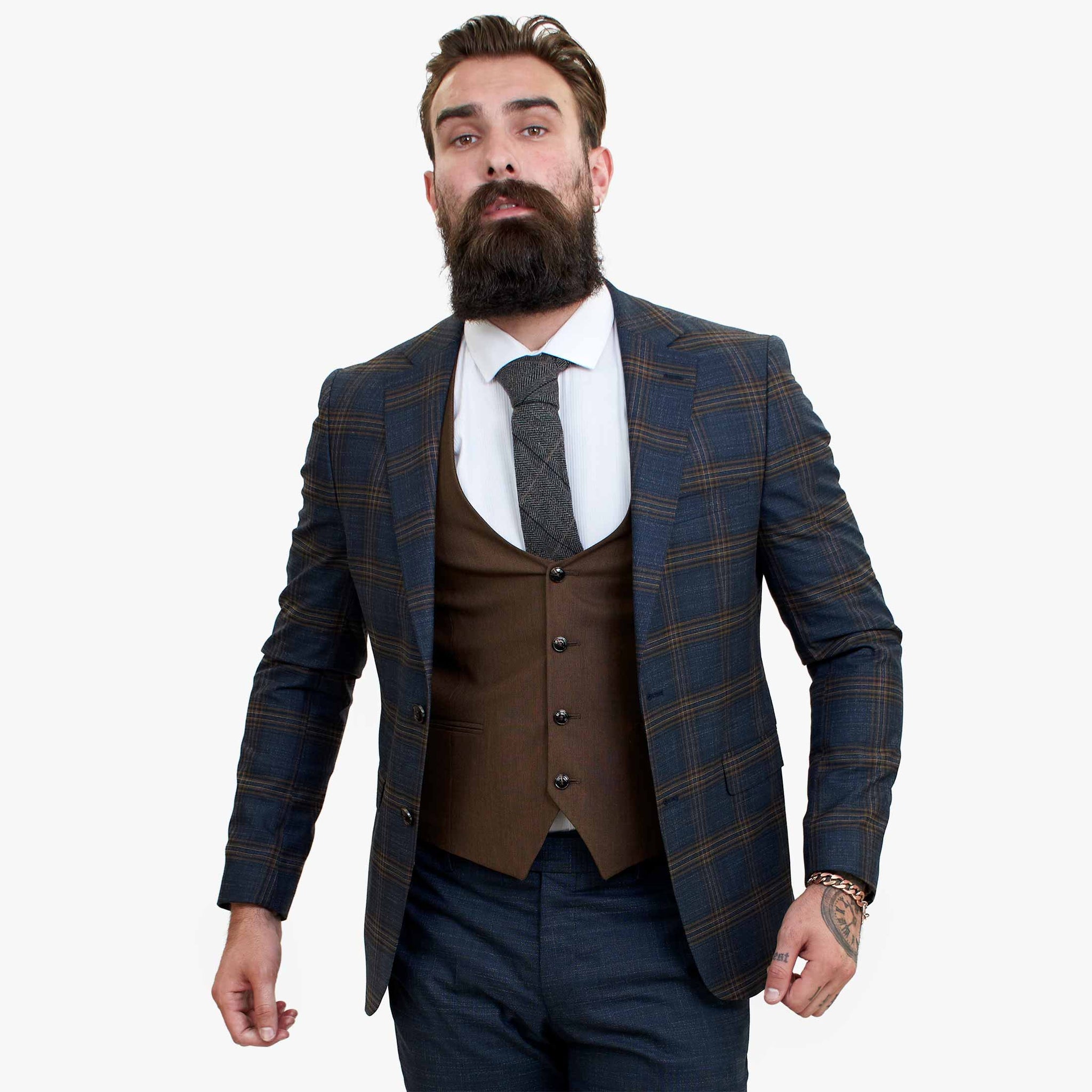 Traje de tres piezas de lana azul marino Happy Gentleman GRAZIE con chaleco marrón en contraste.