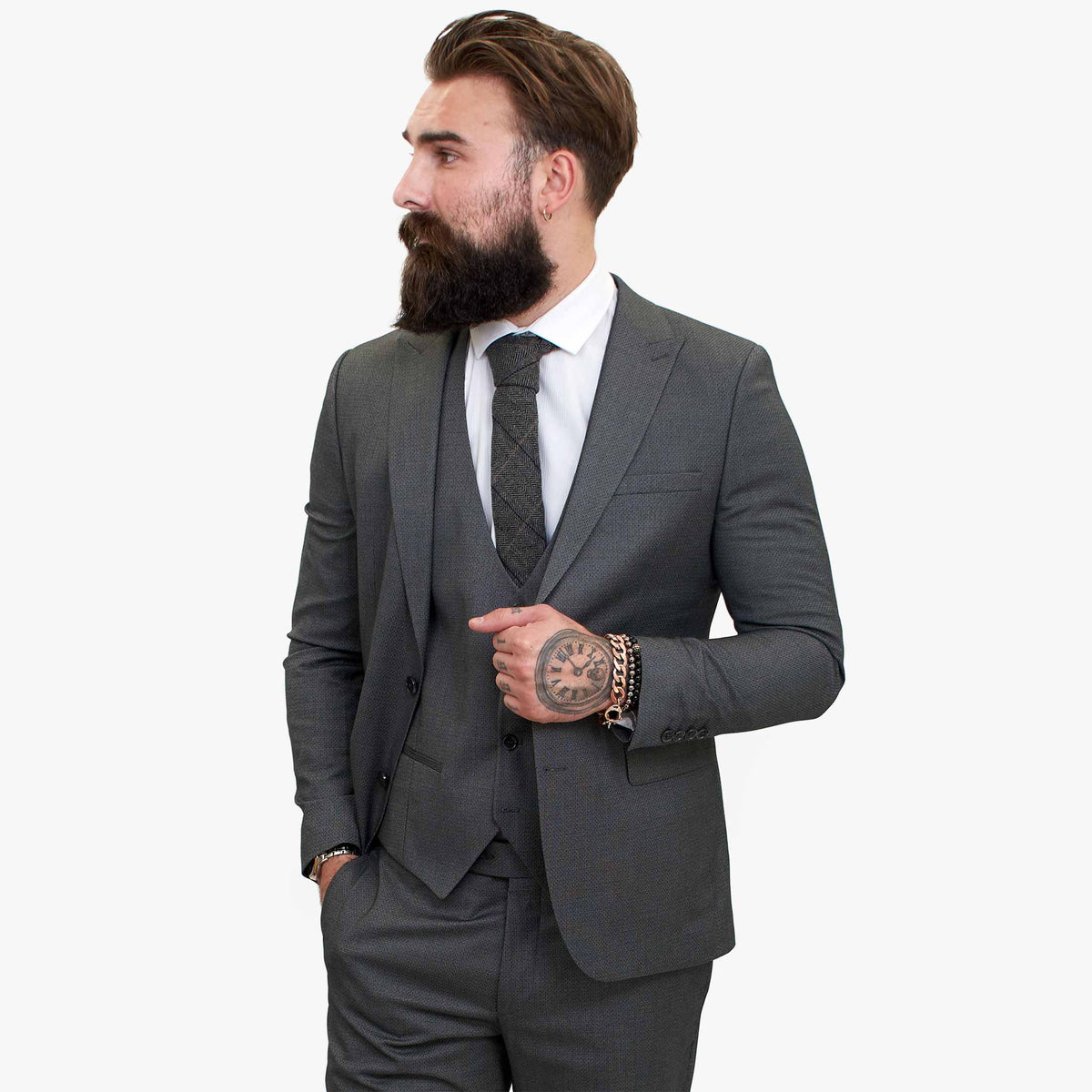 Traje de lana de 3 piezas Happy Gentleman MIROLE gris de corte entallado.