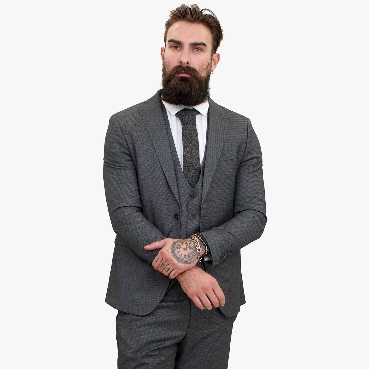 Traje de lana de 3 piezas Happy Gentleman MIROLE gris de corte entallado.