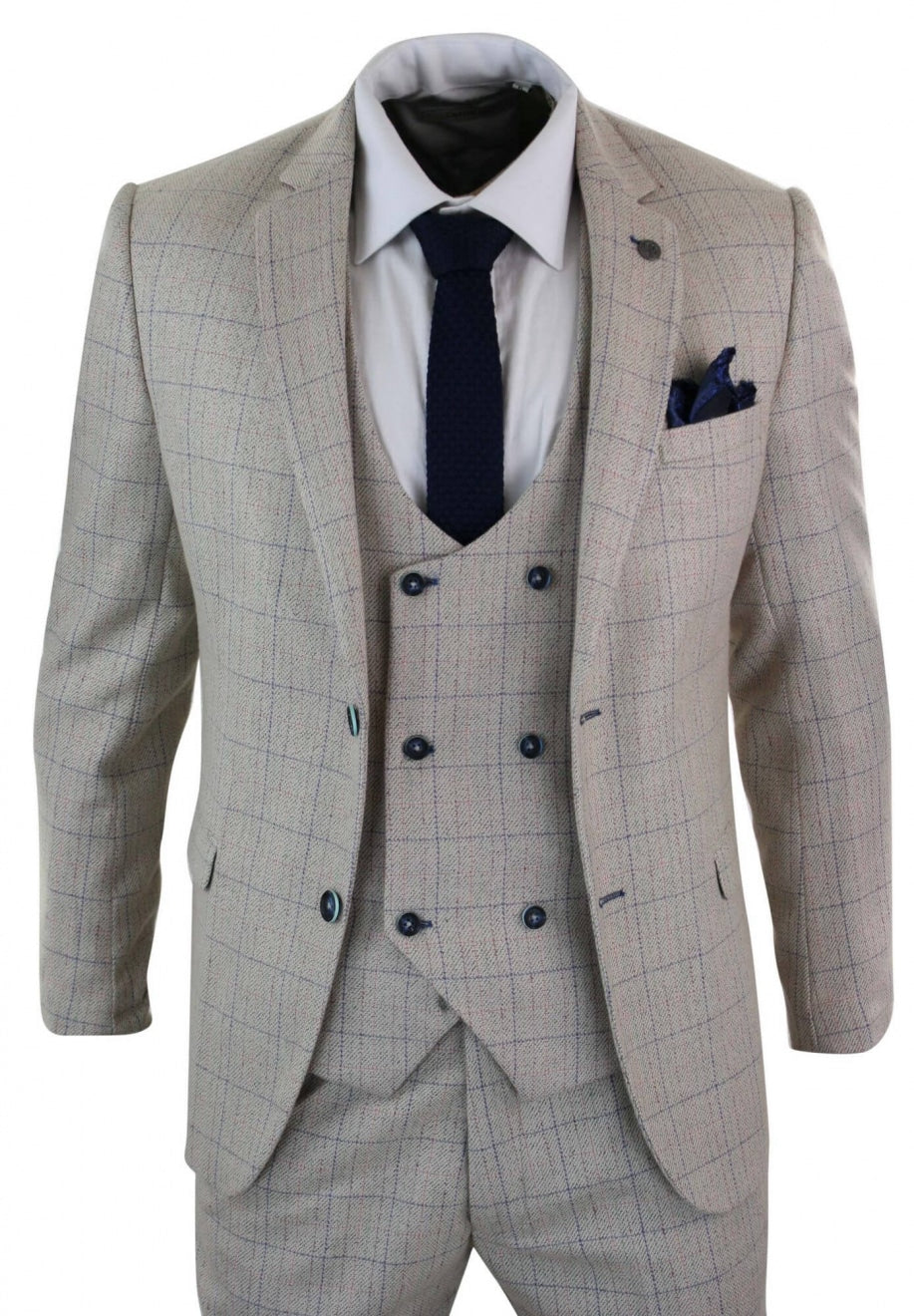 Traje de hombre de 3 piezas color crema con estampado a cuadros azules.