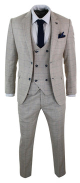 Traje de hombre de 3 piezas color crema con estampado a cuadros azules.