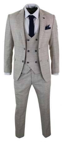 Traje de hombre de 3 piezas color crema con estampado a cuadros azules.
