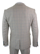 Traje de hombre de 3 piezas color crema con estampado a cuadros azules.