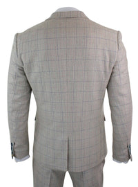 Traje de hombre de 3 piezas color crema con estampado a cuadros azules.