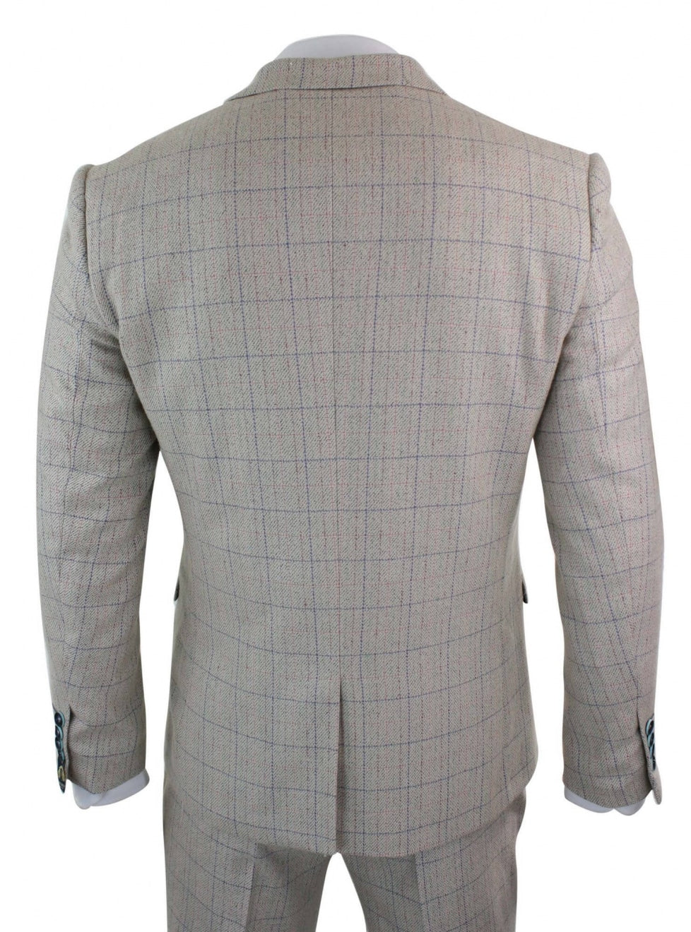 Traje de hombre de 3 piezas color crema con estampado a cuadros azules.