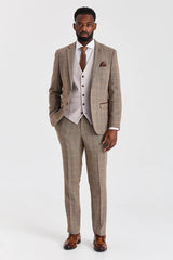 Traje de tweed marrón Harris con chaleco Mayfair Stone.