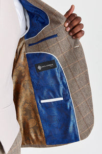Traje de tweed marrón Harris con chaleco Mayfair Stone.