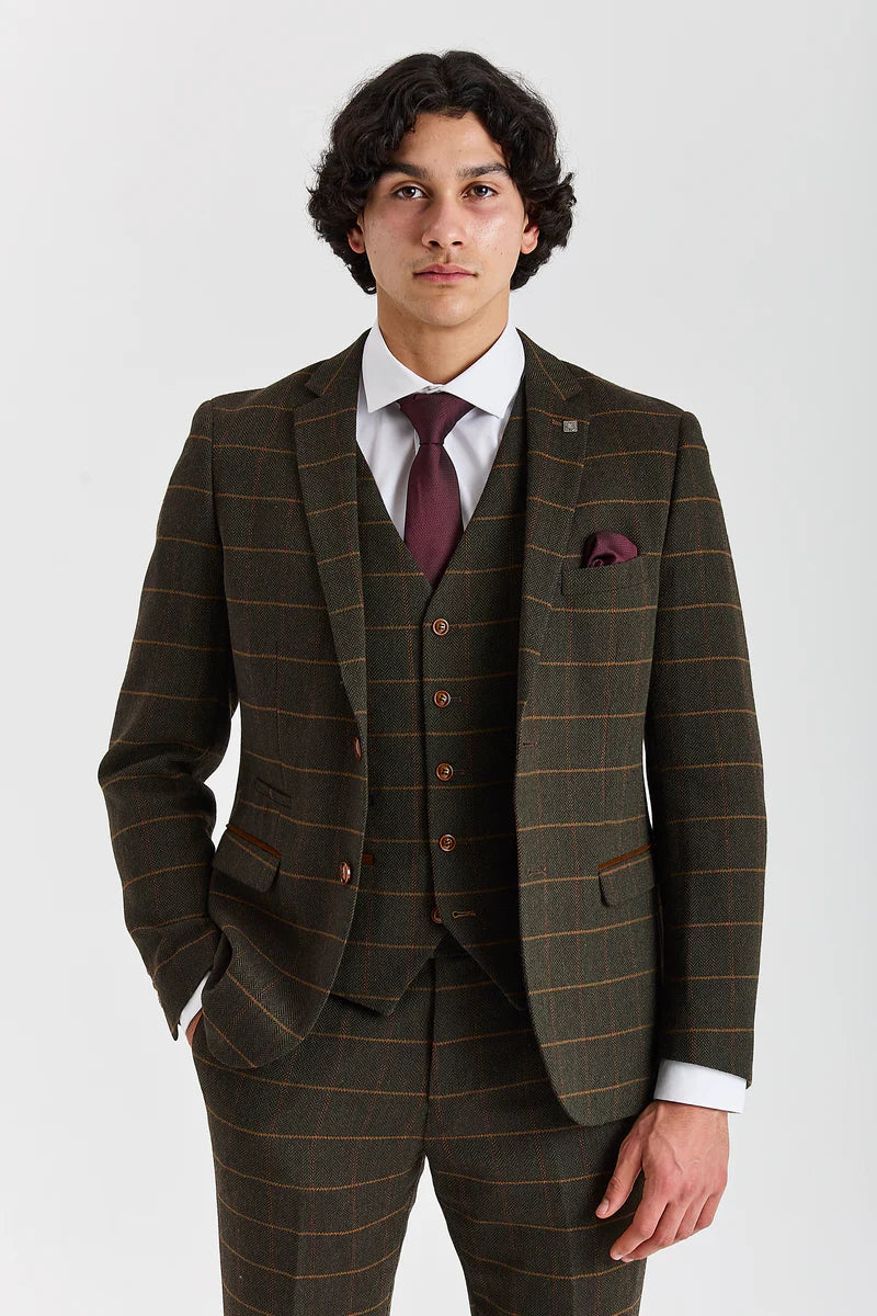 Harris - Traje de 3 piezas de tweed de mezcla de lana verde para hombre
