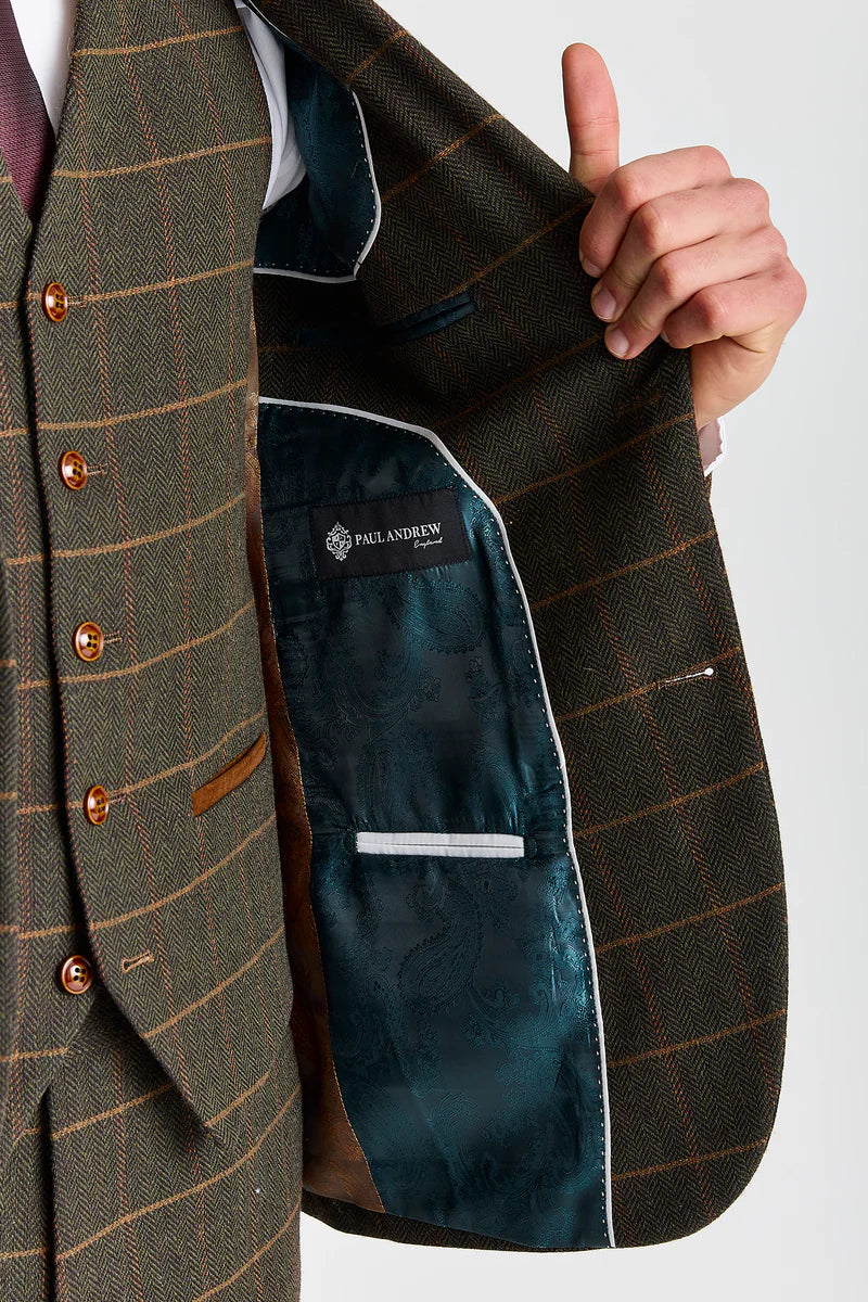 Harris - Traje de 3 piezas de tweed de mezcla de lana verde para hombre