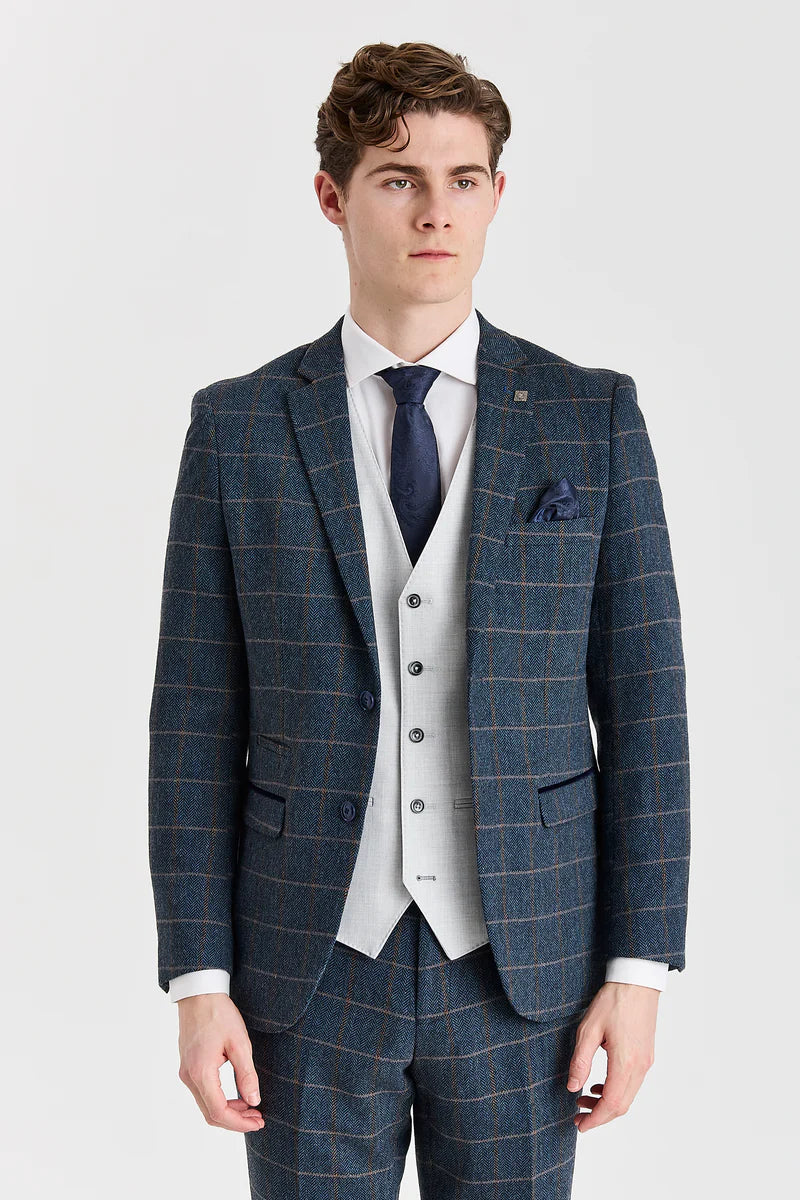 Traje de tweed azul marino Harris con chaleco plateado Belmont en contraste.