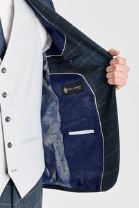 Traje de tweed azul marino Harris con chaleco plateado Belmont en contraste.