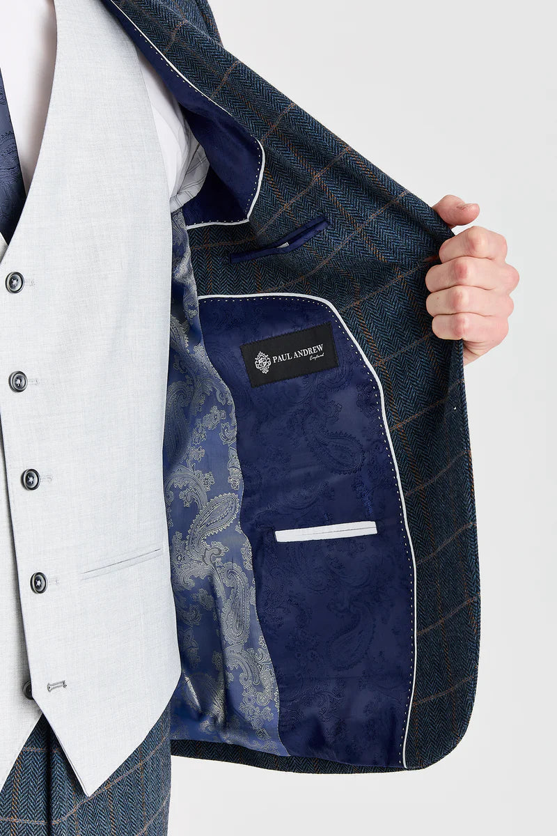 Traje de tweed azul marino Harris con chaleco plateado Belmont en contraste.