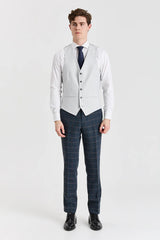 Traje de tweed azul marino Harris con chaleco plateado Belmont en contraste.