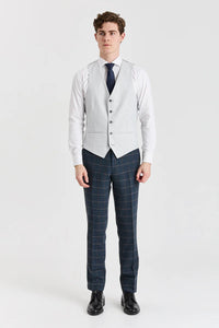 Traje de tweed azul marino Harris con chaleco plateado Belmont en contraste.