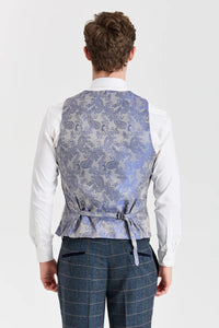 Traje de tweed azul marino Harris con chaleco plateado Belmont en contraste.