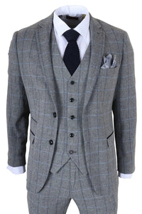 Harris - Traje de tweed gris de tres piezas con estampado de espiga para hombre