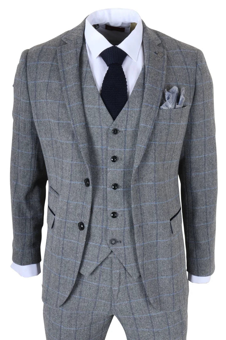 Harris - Traje de tweed gris de tres piezas con estampado de espiga para hombre