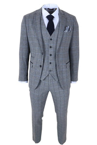 Harris - Traje de tweed gris de tres piezas con estampado de espiga para hombre