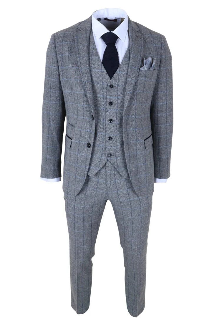 Harris - Traje de tweed gris de tres piezas con estampado de espiga para hombre