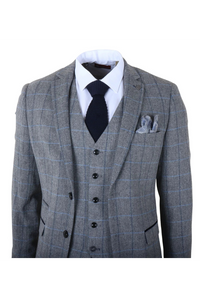 Harris - Traje de tweed gris de tres piezas con estampado de espiga para hombre