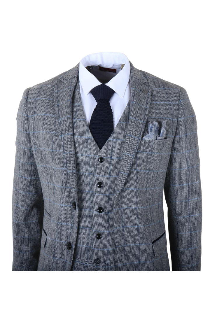 Harris - Traje de tweed gris de tres piezas con estampado de espiga para hombre