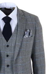 Harris - Traje de tweed gris de tres piezas con estampado de espiga para hombre