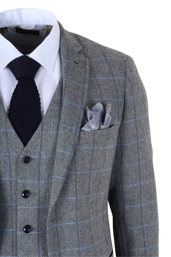 Harris - Traje de tweed gris de tres piezas con estampado de espiga para hombre