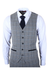 Harris - Traje de tweed gris de tres piezas con estampado de espiga para hombre