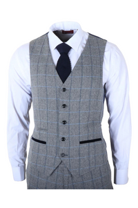 Harris - Traje de tweed gris de tres piezas con estampado de espiga para hombre