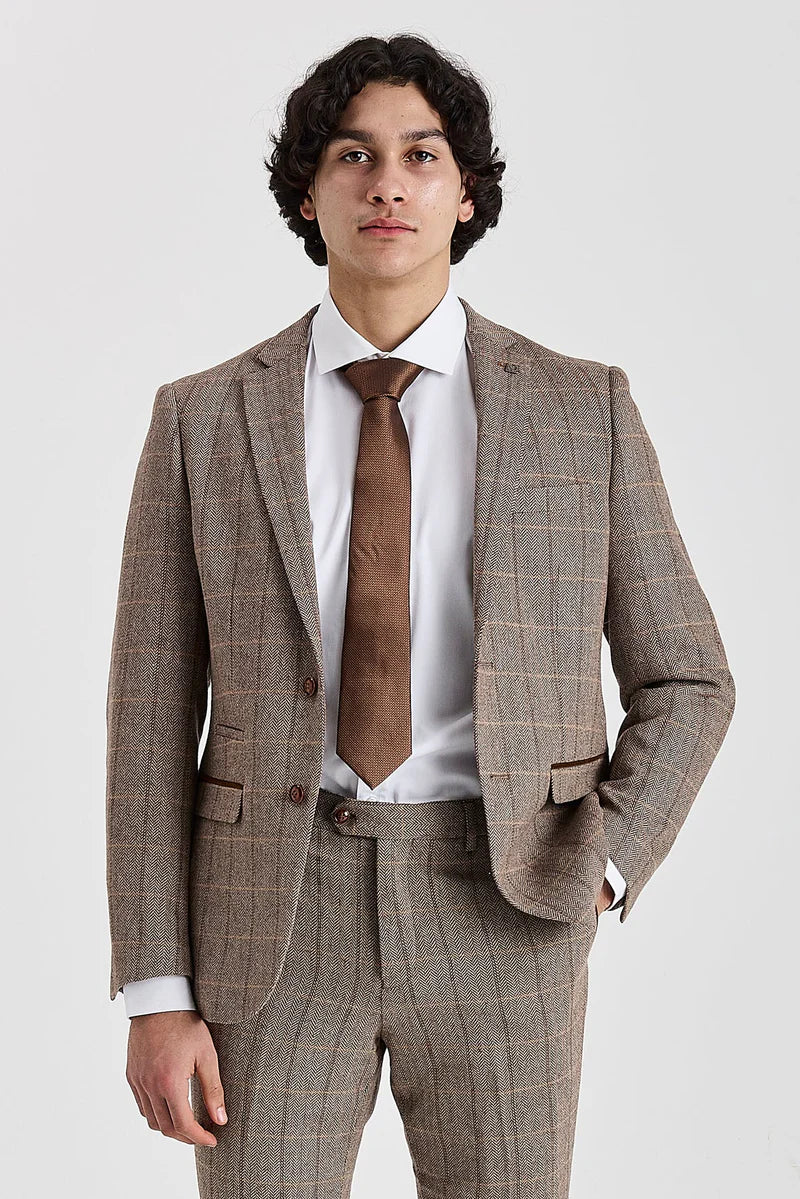 Harris - Blazer de tweed marrón con estampado de espiga para hombre