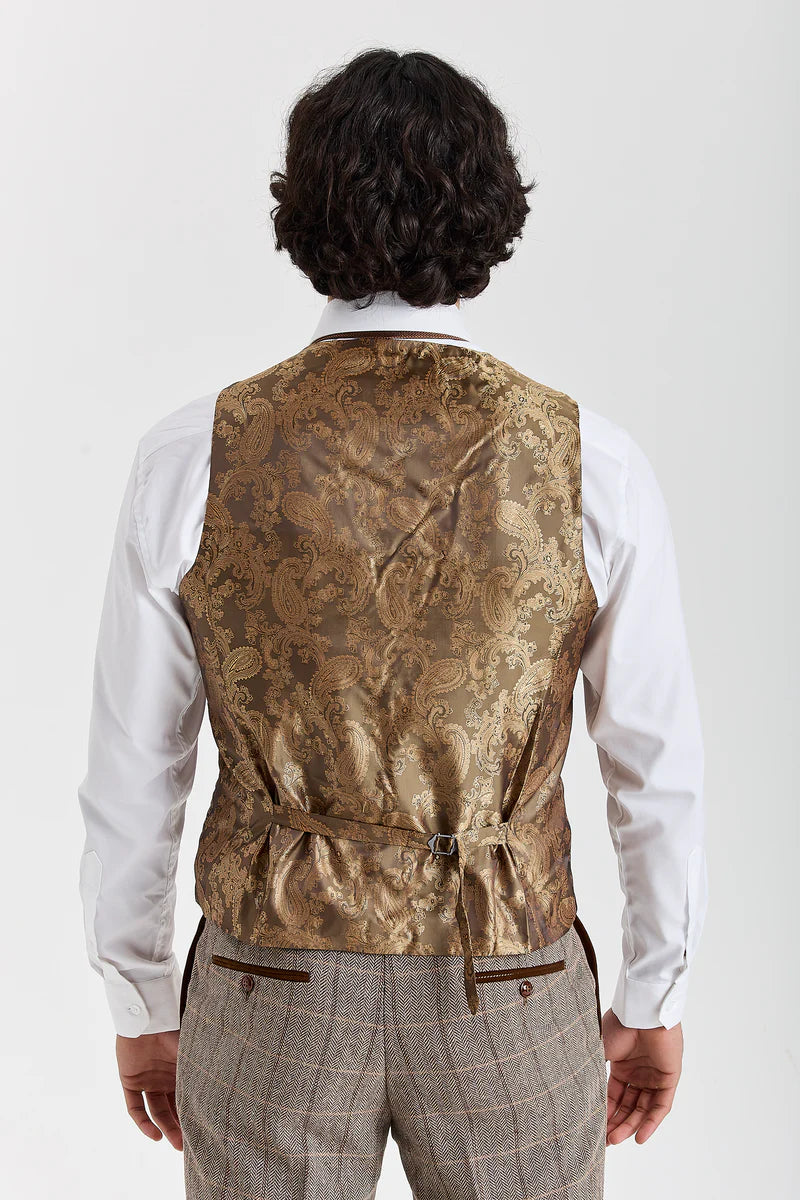 Chaleco Harris de tweed marrón con estampado de espiga para hombre