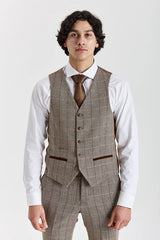 Chaleco Harris de tweed marrón con estampado de espiga para hombre