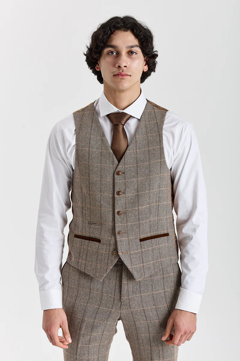 Chaleco Harris de tweed marrón con estampado de espiga para hombre