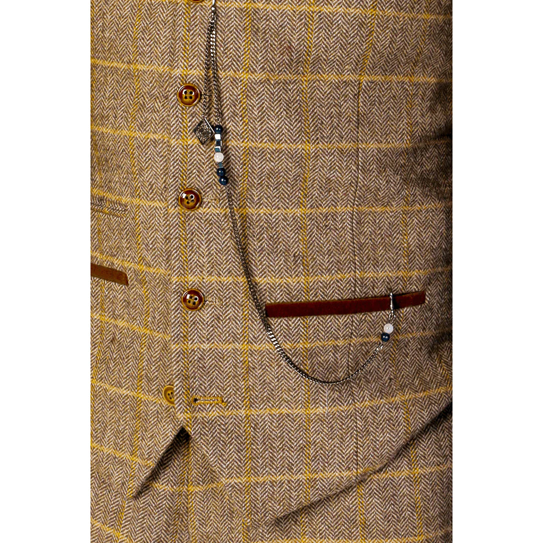 Traje de tres piezas de tweed marrón para hombre de Harris con estilo clásico vintage.