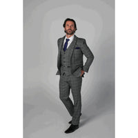 Traje de tres piezas de tweed gris para hombre de Harris con encanto clásico vintage.
