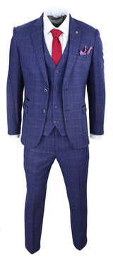 Traje de tres piezas para hombre a cuadros azules y morados