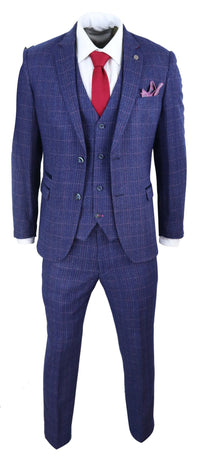 Traje de tres piezas para hombre a cuadros azules y morados