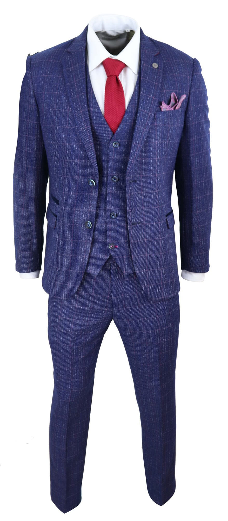 Traje de tres piezas para hombre a cuadros azules y morados