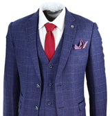 Traje de tres piezas para hombre a cuadros azules y morados