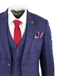 Traje de tres piezas para hombre a cuadros azules y morados