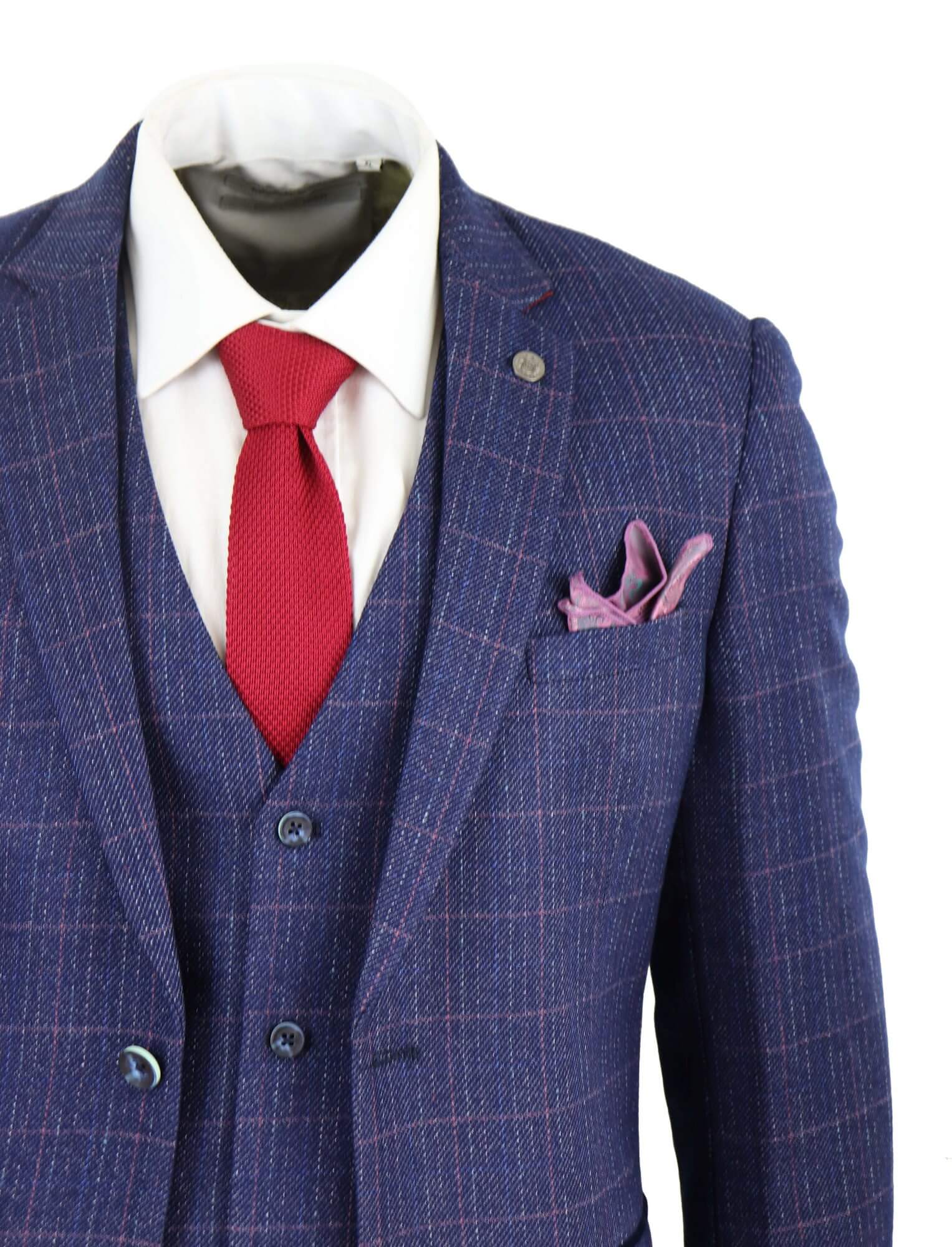 Traje de tres piezas para hombre a cuadros azules y morados