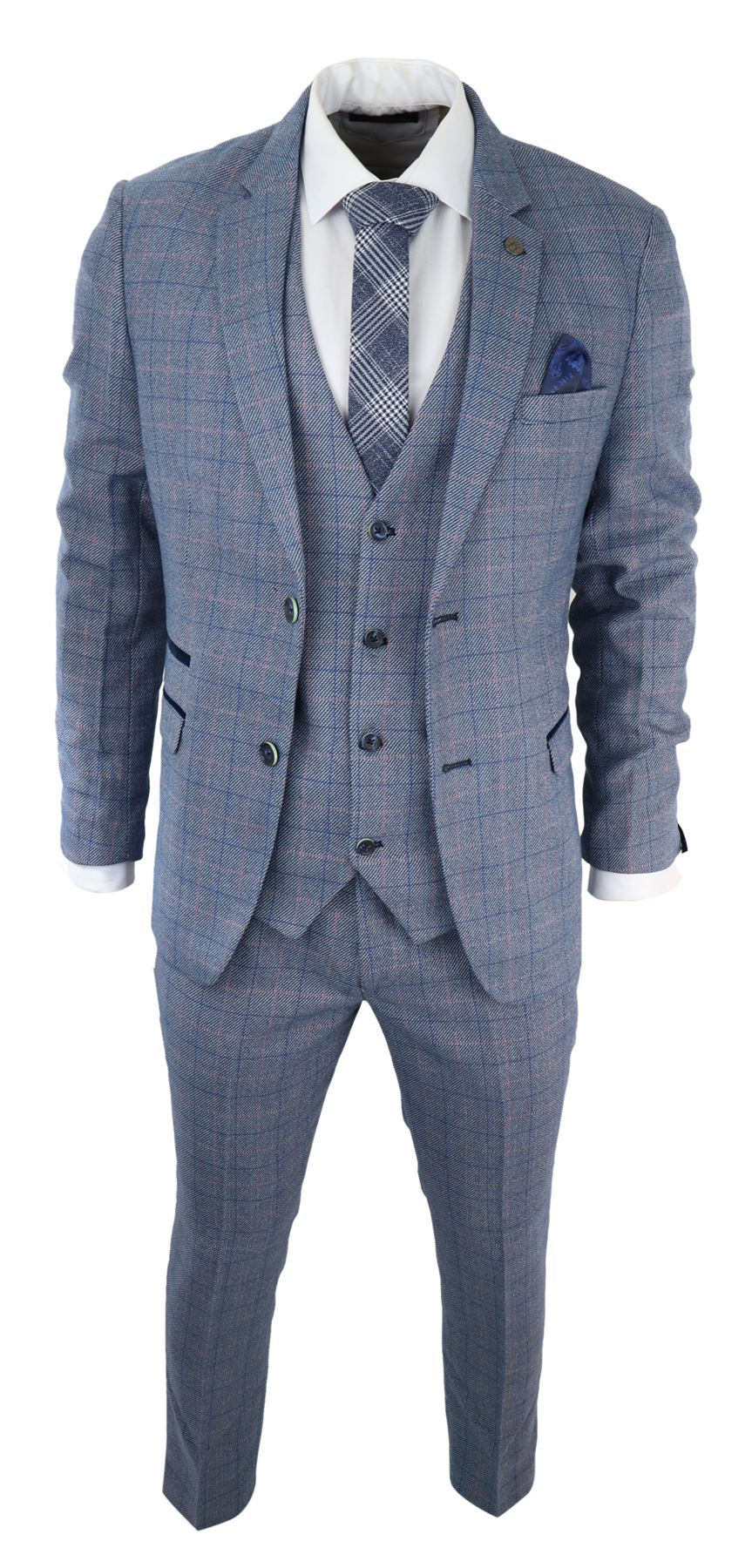 Traje de hombre de 3 piezas a cuadros azul cielo, tacto de lana, Marc Darcy, corte entallado, boda, graduación, Harry