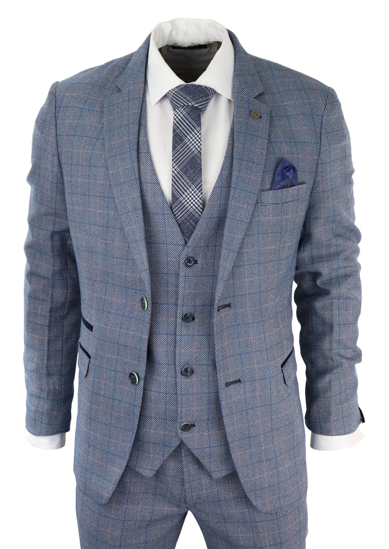 Traje de hombre de 3 piezas a cuadros azul cielo, tacto de lana, Marc Darcy, corte entallado, boda, graduación, Harry