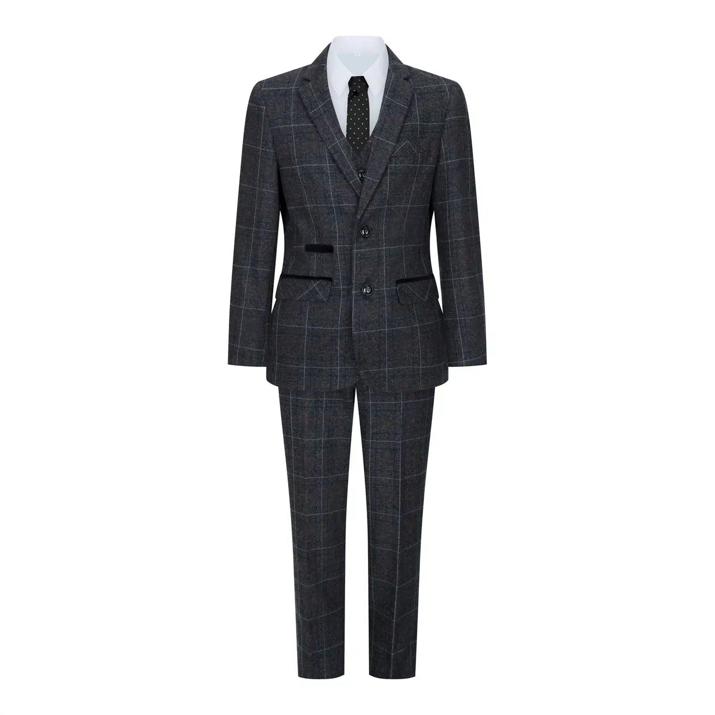 Traje de tweed de 3 piezas para niño, gris y negro, estampado de espiga, color vino, estilo vintage retro.