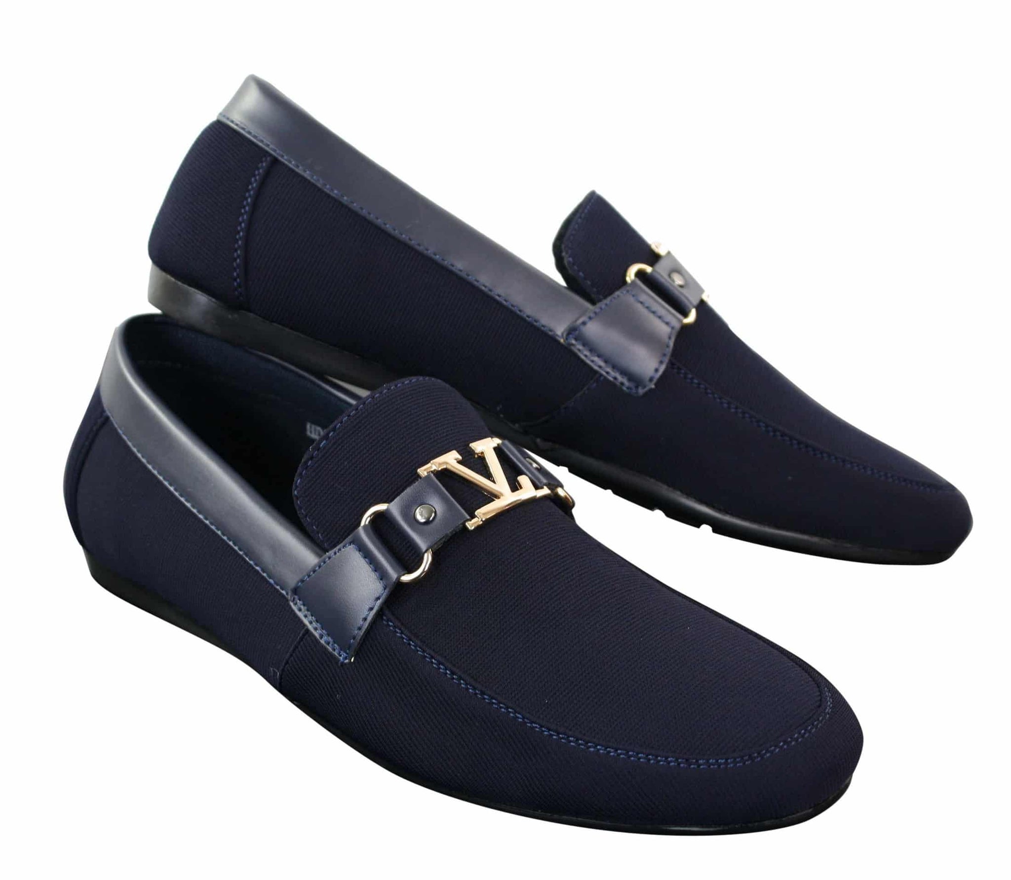 Fiorello HD0112-03 - Mocasines casuales elegantes sin cordones para hombre, diseño italiano icónico en negro y azul marino.