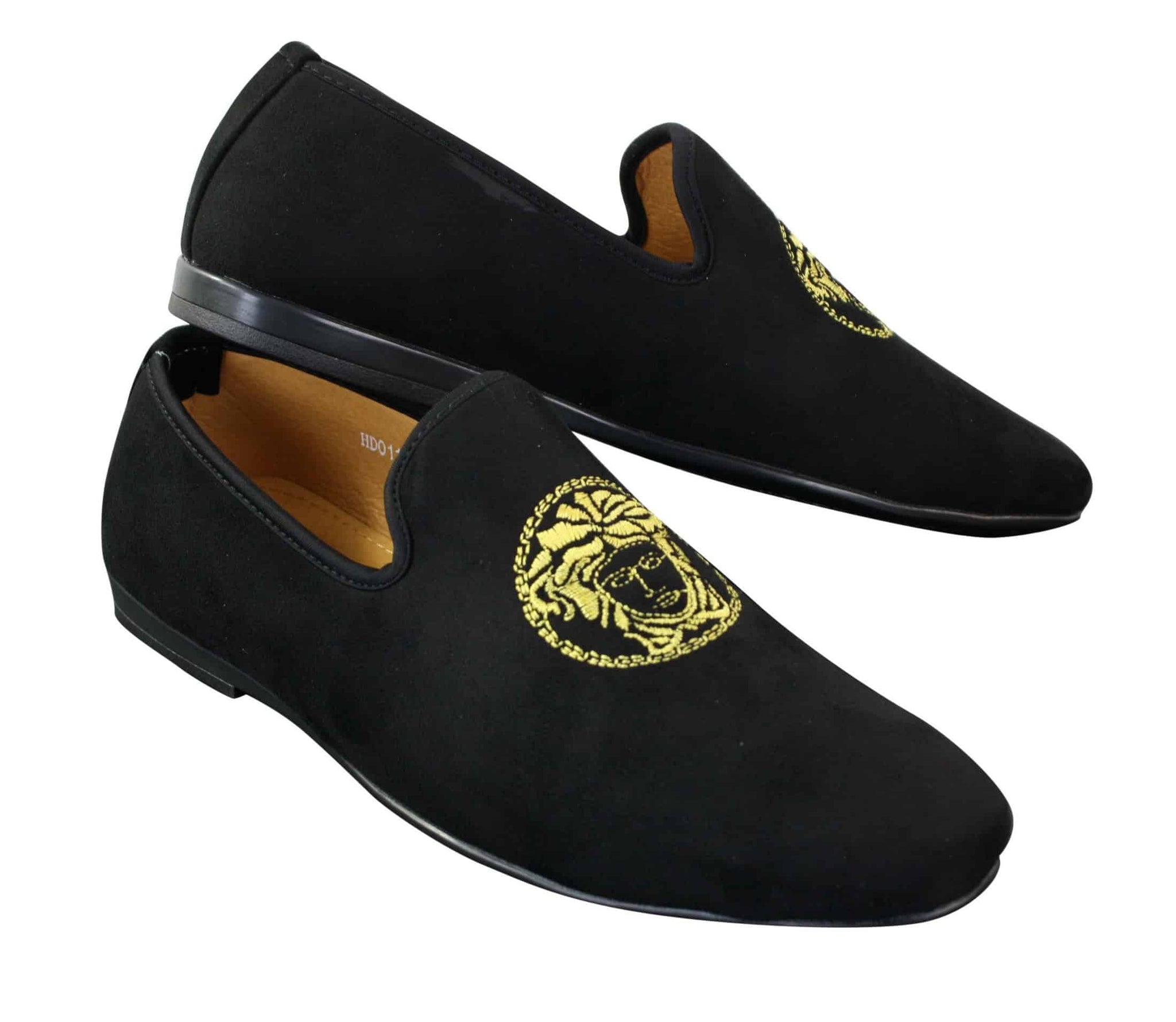 Fiorello HD0112-04 - Mocasines negros icónicos Medusa para hombre, estilo mocasín, de gamuza sintética italiana.